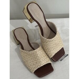 Cecelia New York Leather Block Heeled Sandals Natural Raffia Sz 6